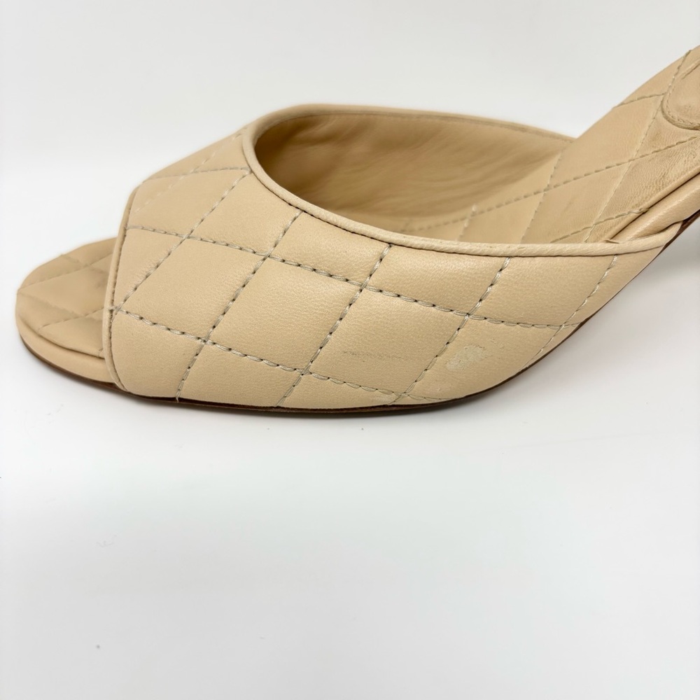 Chanel Quilted Lambskin CC Mules Beige Open Toe Mid Heel Size 39 - Picture 9 of 16
